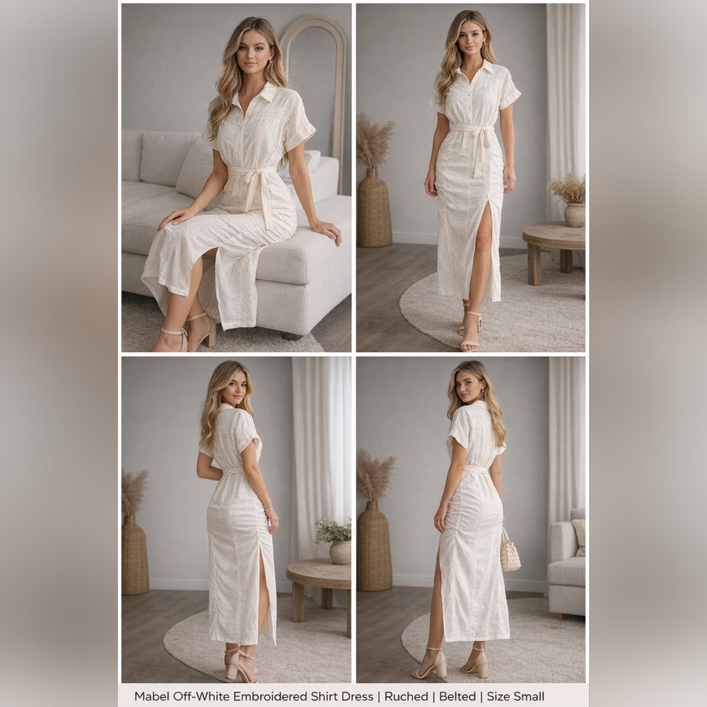 Mabel Off-White Embroidered Shirt Dress | Ruched | Belted | Size Small